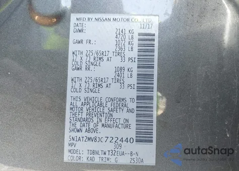 2018 Nissan Rogue Sv/Sl z USA, uszkodzony, nr VIN 5N1AT2MV8JC722440